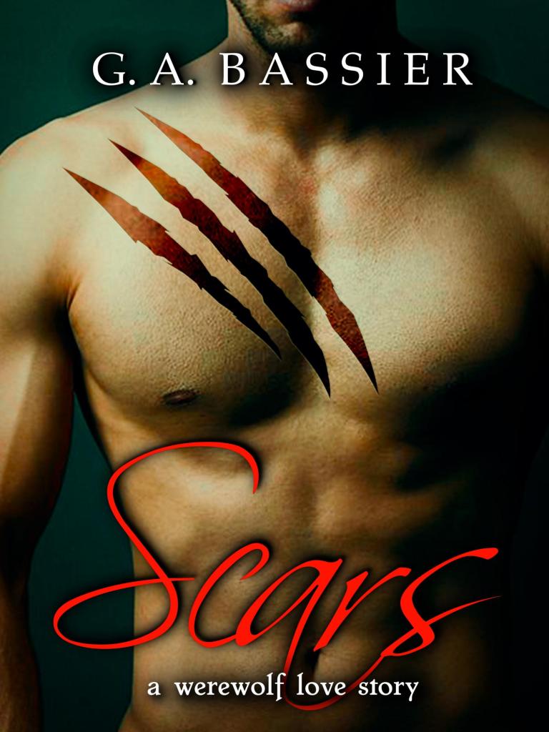 Book cover showing a man's chest with three diagonal slashes across it, entitled "Scars: A Werewolf Love Story" by G.A. Bassier.